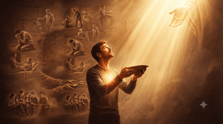 Image spirituelle d'un homme tendant une coupelle vers Christ, entouré de scènes de charité chrétienne et de service communautaire gravées dans le mur en arrière-plan.