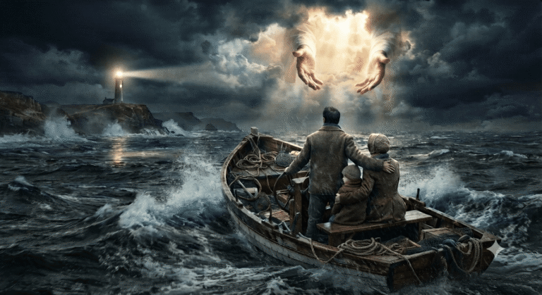 Une illustration dramatique montrant une petite barque de trois personnes naviguant sur une mer agitée et orageuse. Sur la gauche, un phare illumine l'obscurité depuis une côte rocheuse. Dans le ciel sombre, une trouée de lumière céleste révèle les mains ouvertes de Jésus qui se tendent pour guider et protéger la famille.