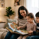 A smiling mother sitting on a couch reading an illustrated Bible storybook about Noah's Ark to her young daughter and son.