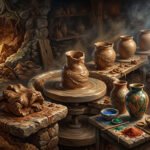 An overview of a pottery workshop, illustrating the entire process of creating ceramic objects. On the left side, raw clay extracted from the earth can be seen, while sunlight filters through the trees. In the center, a wooden potter’s wheel supports a rudimentary clay form, and on a table in the background are ceramic vases at various stages of production. On the right side, a stone kiln burns intensely, and on a shelf above it, a ceramic vase with vibrant shades of blue and gold glows, radiating light. In front of the kiln, there is a table with bowls containing powdered pigments in various colors and painting tools.