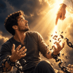 Un tânăr de aproximativ 28 de ani, cu încheieturile legate cu lanțuri de fier care se rup sub o lumină divină. Degetul luminos al lui Iisus arată direct spre lanțuri, în timp ce bărbatul privește spre cer, surprins și plin de speranță. Lumina aurie simbolizează eliberarea de păcat, puterea lui Hristos și libertatea spirituală.
