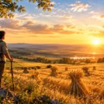 A man looks at a vast field of wheat, with sheaves already gathered, at sunset, symbolizing God's call and the work for His Kingdom.