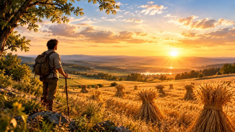 A man looks at a vast field of wheat, with sheaves already gathered, at sunset, symbolizing God's call and the work for His Kingdom.